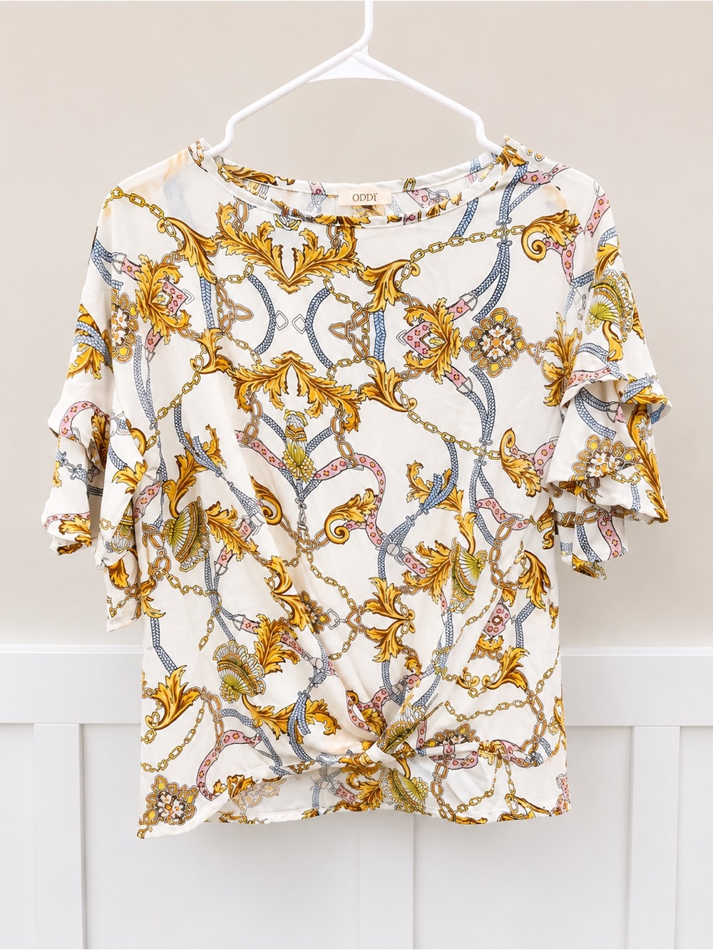 ODDI White Baroque Chain Print Ruffle Sleeve Twist Front Top